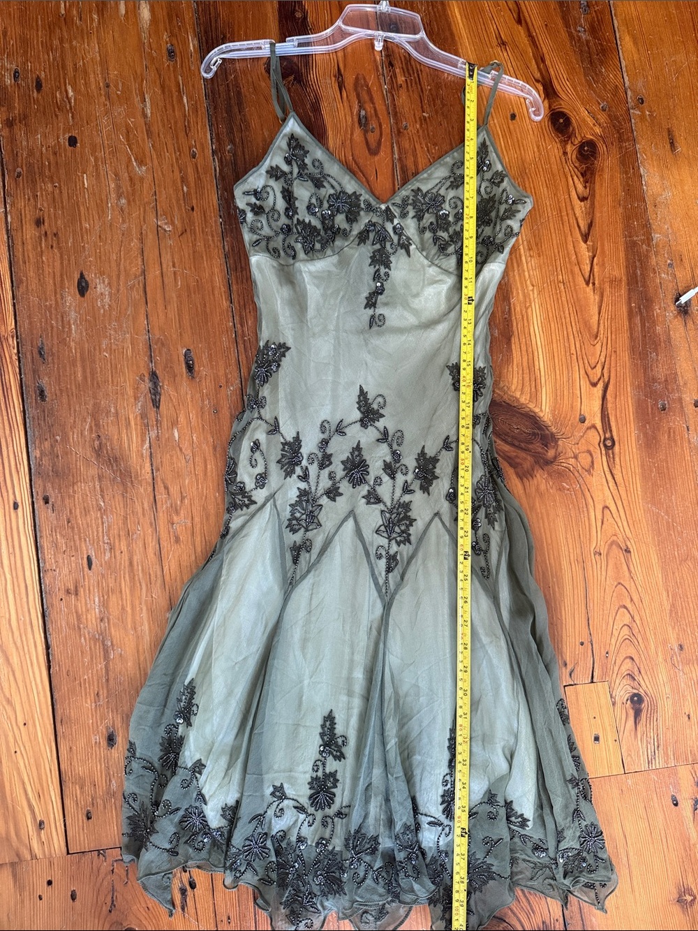 Papell Boutique Vintage Olive Green Embroidered V-Neck Midi Dress Size 8 Petite - Picture 13 of 14
